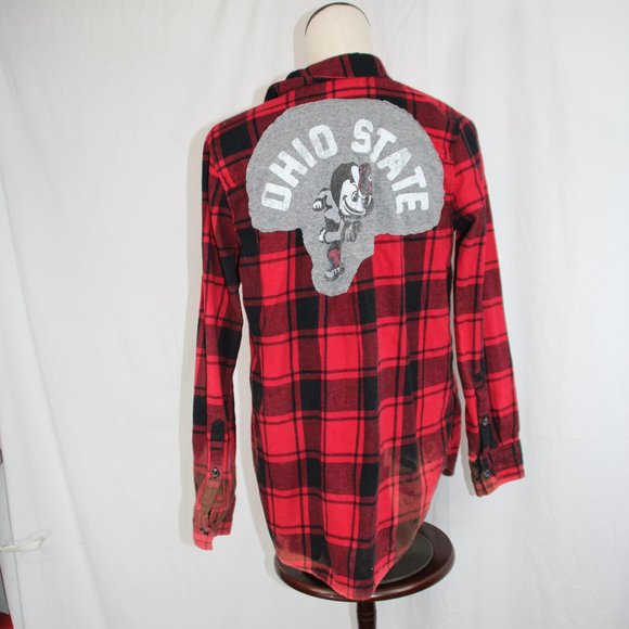 Ohio Buckeyes Distressed Flannel Women's Sz M Ohio State Upcycled One of a Kind - Picture 1 of 10